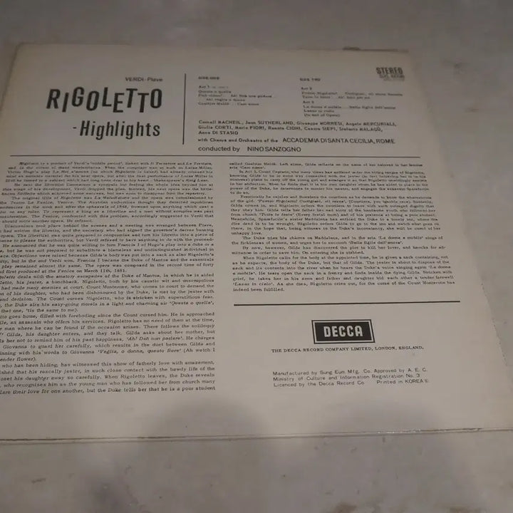 [BUNJANG] Verdi Rigoletto Highlights LP / LP/Verdi / Rigoletto Highlights