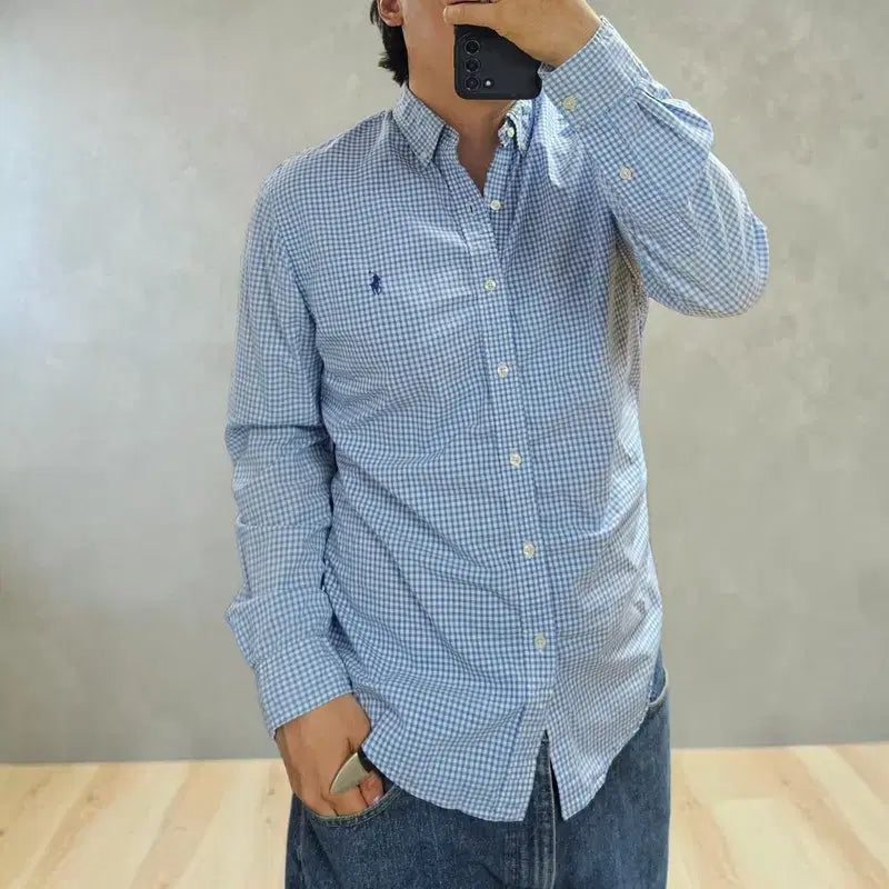 [BUNJANG] Polo Ralph Lauren Blue Gingham Check Slim Fit Cotton Shirt / 폴로 랄플로렌 큐알 체크 셔츠 M0394