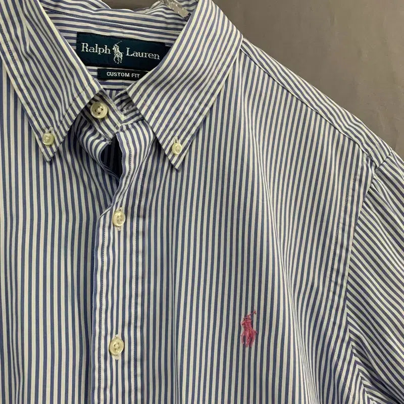 [BUNJANG] Polo Ralph Lauren Custom Fit Blue Stripe Short Sleeve Shirt / L 폴로랄프로렌 커스텀핏 블루 스트라이프 반팔 셔츠 남방