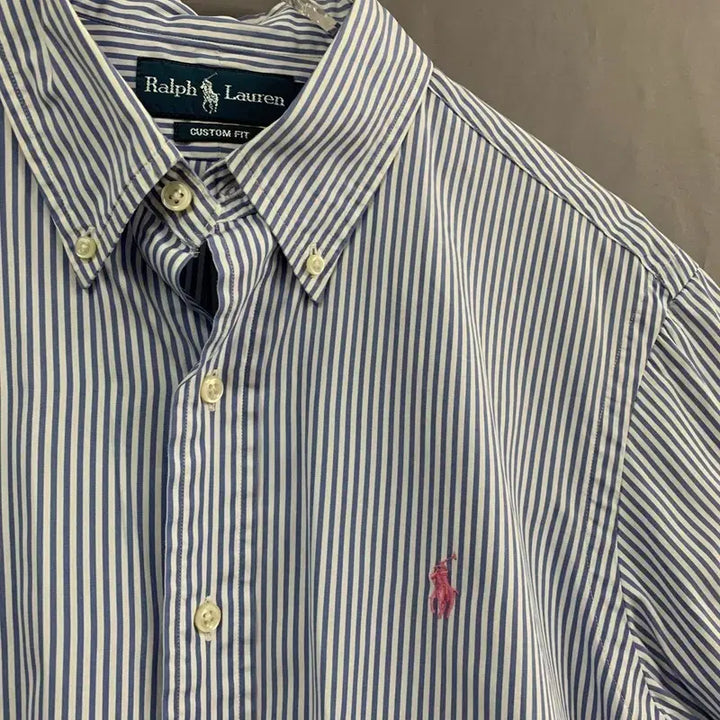 [BUNJANG] Polo Ralph Lauren Custom Fit Blue Stripe Short Sleeve Shirt / L 폴로랄프로렌 커스텀핏 블루 스트라이프 반팔 셔츠 남방