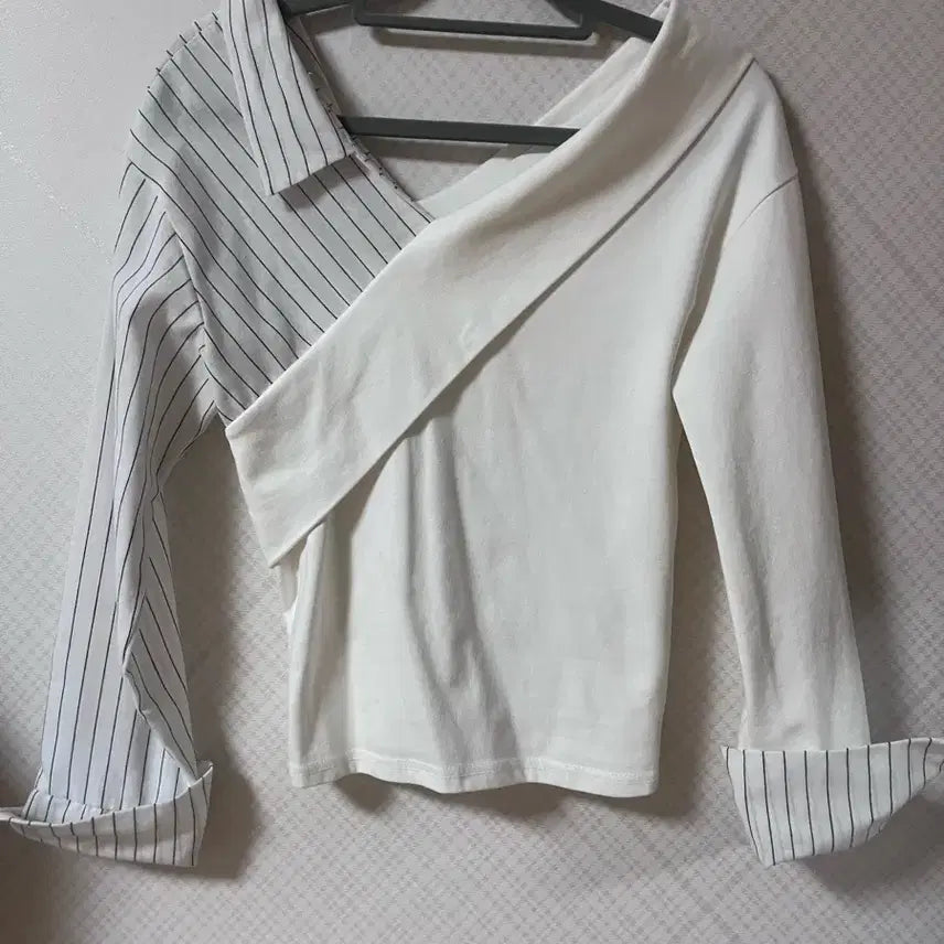 [BUNJANG] White Stripe Contrast Shirt / 화이트 스트라이프 배색 셔츠