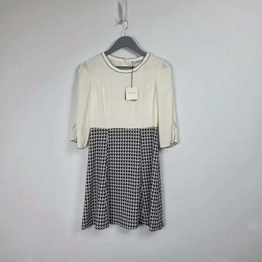 [BUNJANG] KENNETH LADY Houndstooth Check 7/8 Sleeve Dress Ivory / 새상품) 케네스레이디 하운즈투스체크 7부 원피스 아이보리 여95.0513