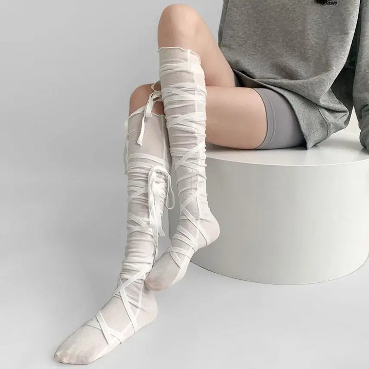 [BUNJANG] White Subculture Ribbon Strap Knee-High Socks / 화이트 서브컬처 리본 스트랩 니삭스 양말
