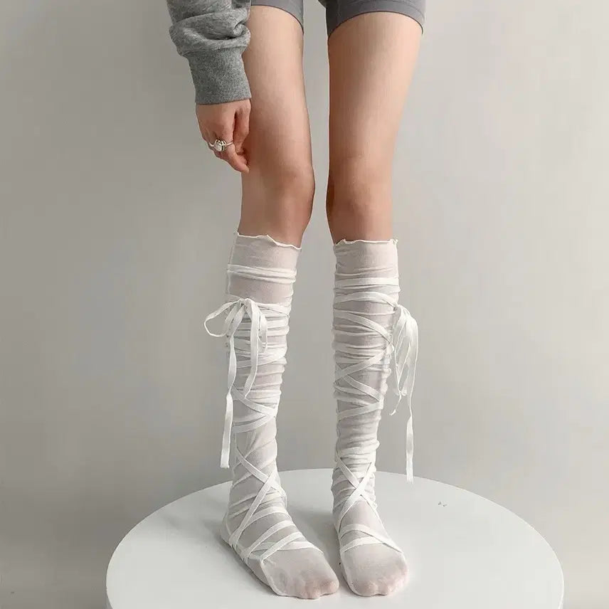 [BUNJANG] White Subculture Ribbon Strap Knee-High Socks / 화이트 서브컬처 리본 스트랩 니삭스 양말