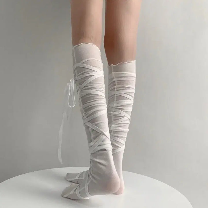 [BUNJANG] White Subculture Ribbon Strap Knee-High Socks / 화이트 서브컬처 리본 스트랩 니삭스 양말