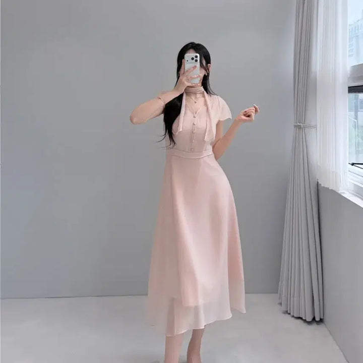 [BUNJANG] LightMe Pink Chiffon Tie Flare Midi Dress / 원가84[새상품]하객룩 핑크 쉬폰 타이 롱 미디 플레어원피스 라이트미