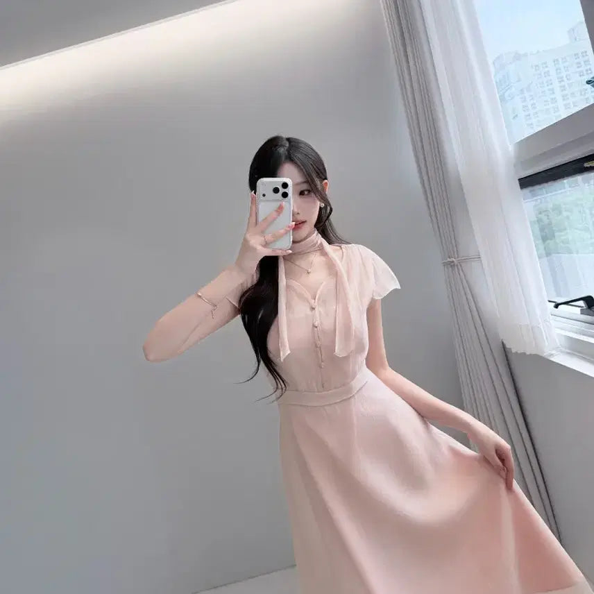 [BUNJANG] LightMe Pink Chiffon Tie Flare Midi Dress / 원가84[새상품]하객룩 핑크 쉬폰 타이 롱 미디 플레어원피스 라이트미