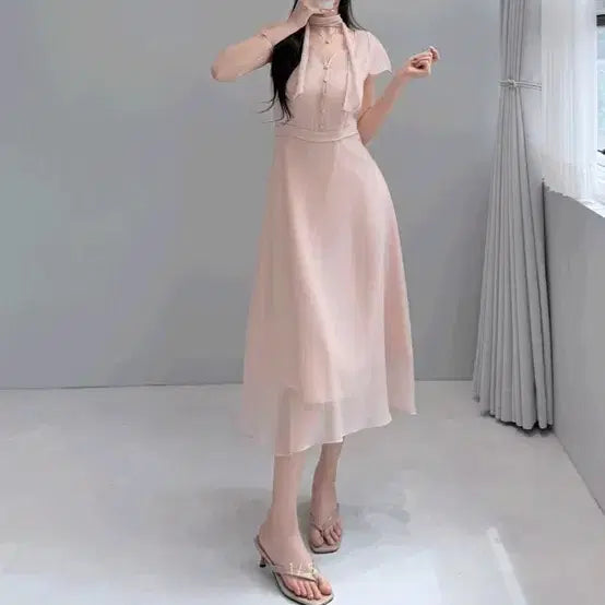 [BUNJANG] LightMe Pink Chiffon Tie Flare Midi Dress / 원가84[새상품]하객룩 핑크 쉬폰 타이 롱 미디 플레어원피스 라이트미