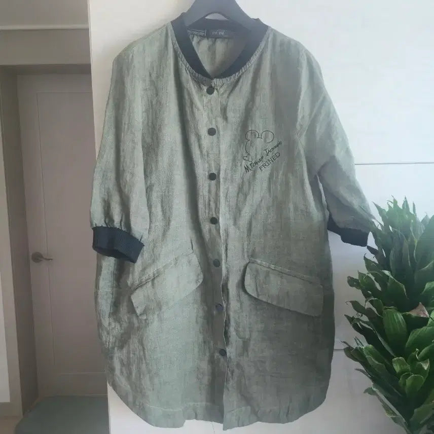 [BUNJANG] Mickey Mouse Printing Linen Short Sleeve Long Jacket (Size 66-77) / 미키마우스 프린팅 린넨 반팔 롱 자켓 66~77사이즈