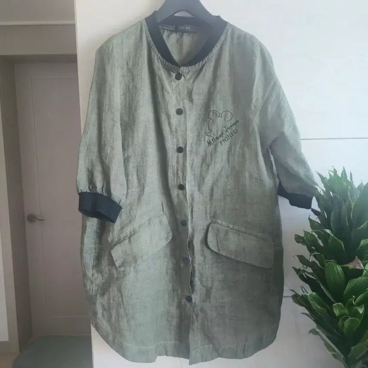 [BUNJANG] Mickey Mouse Printing Linen Short Sleeve Long Jacket (Size 66-77) / 미키마우스 프린팅 린넨 반팔 롱 자켓 66~77사이즈