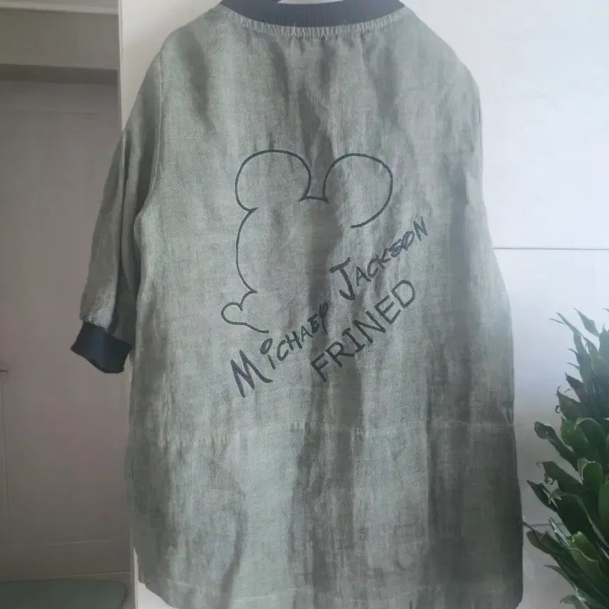 [BUNJANG] Mickey Mouse Printing Linen Short Sleeve Long Jacket (Size 66-77) / 미키마우스 프린팅 린넨 반팔 롱 자켓 66~77사이즈