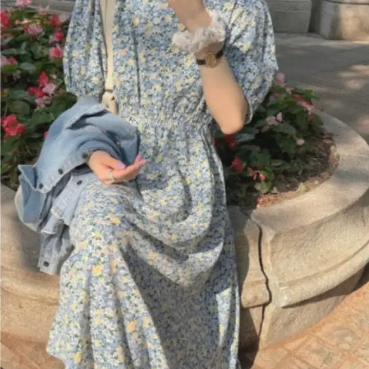 [BUNJANG] Flower Pattern Long Dress with Waist Banding / 플라워 허리밴딩 원피스