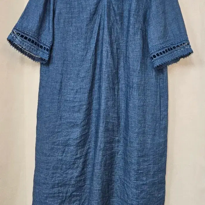 [BUNJANG] Blue Lace Short Sleeve Linen Dress / 청색 레이스 반팔 린넨 원피스