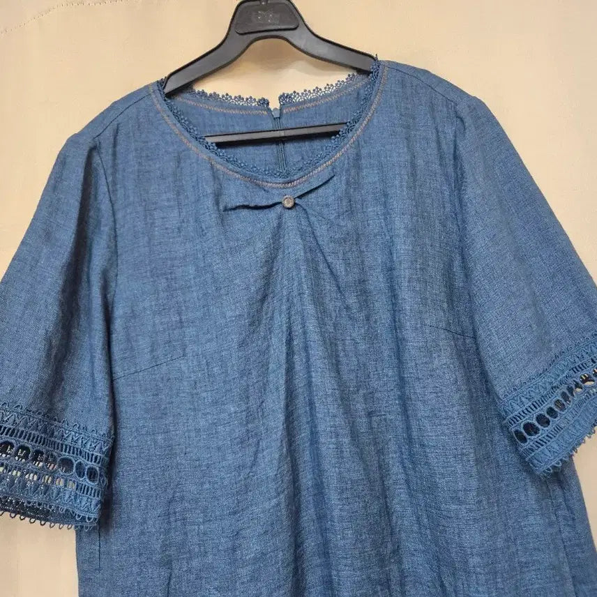 [BUNJANG] Blue Lace Short Sleeve Linen Dress / 청색 레이스 반팔 린넨 원피스