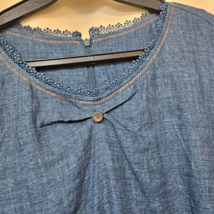 [BUNJANG] Blue Lace Short Sleeve Linen Dress / 청색 레이스 반팔 린넨 원피스