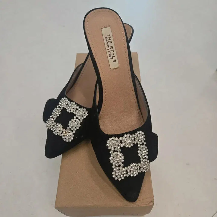 [BUNJANG] Square Cubic Suede Mules / 스퀘어 큐빅 스웨이드 뮬