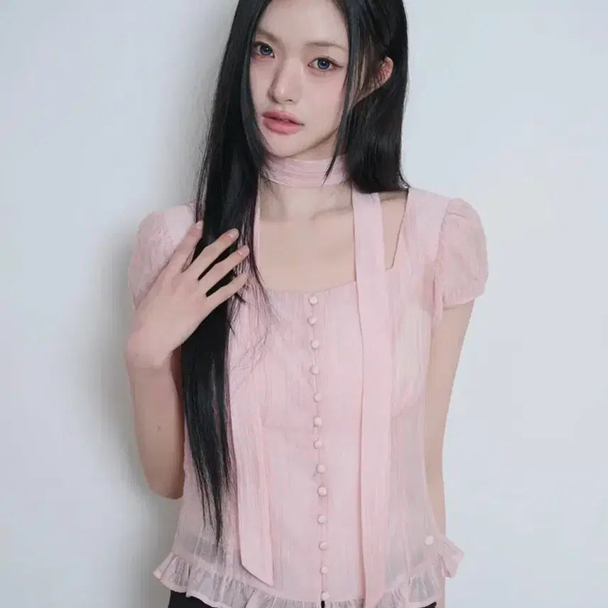 [BUNJANG] Illigo Ribbon Tie Square Neck Blouse Pink / 일리고 리본 타이 스퀘어넥 블라우스 핑크
