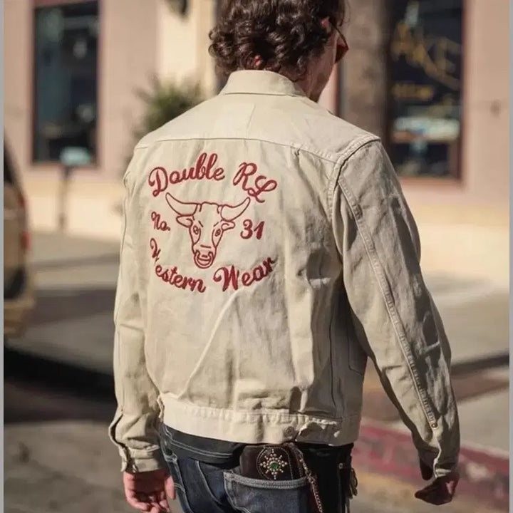 [BUNJANG] RRL Beige Bull Embroidery Type 2 Denim Trucker Jacket XL / RRL 황소자수 베이지 데님 트러커 XL
