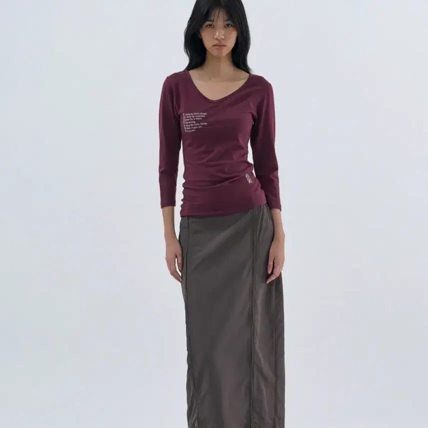 [BUNJANG] Wellbeing Express V-Neck 3/4 Sleeve Burgundy Top - Medium / 웰빙익스프레스 V neck 3/4 sleeve Burgundy M