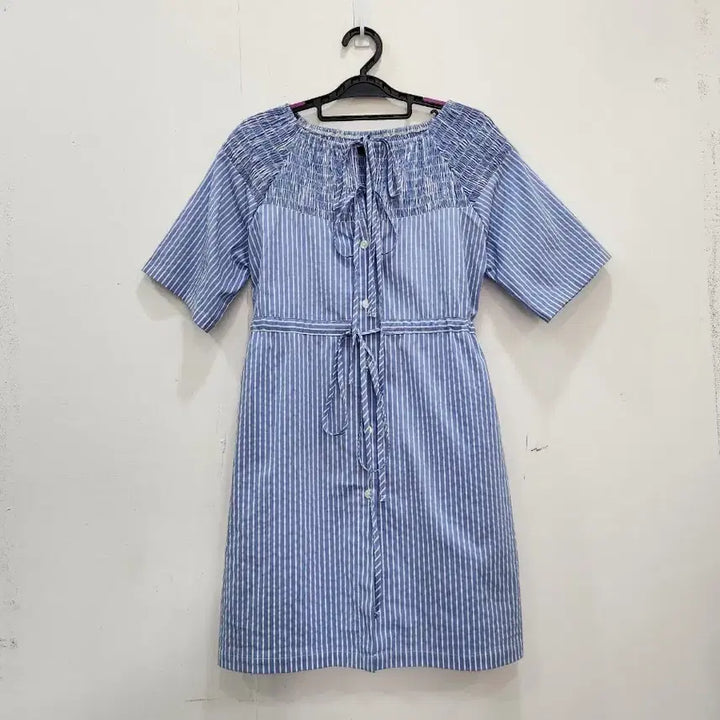 [BUNJANG] Imvely Blue Stripe Ribbon Shirt Dress / [F] 임블이 블루 스트라이프 리본 셔츠 원피스 F