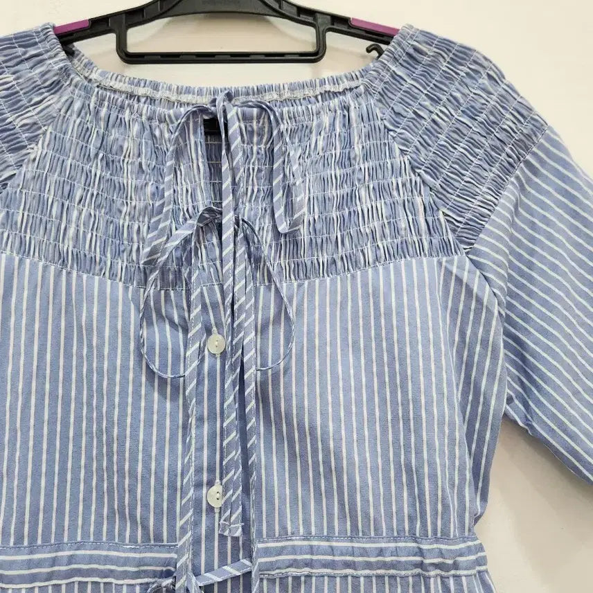 [BUNJANG] Imvely Blue Stripe Ribbon Shirt Dress / [F] 임블이 블루 스트라이프 리본 셔츠 원피스 F