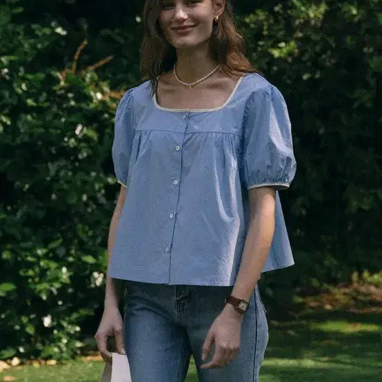 [BUNJANG] TealIdeaSquare Neck Blouse Blue / 틸아이다이 스퀘어넥 블라우스 블루