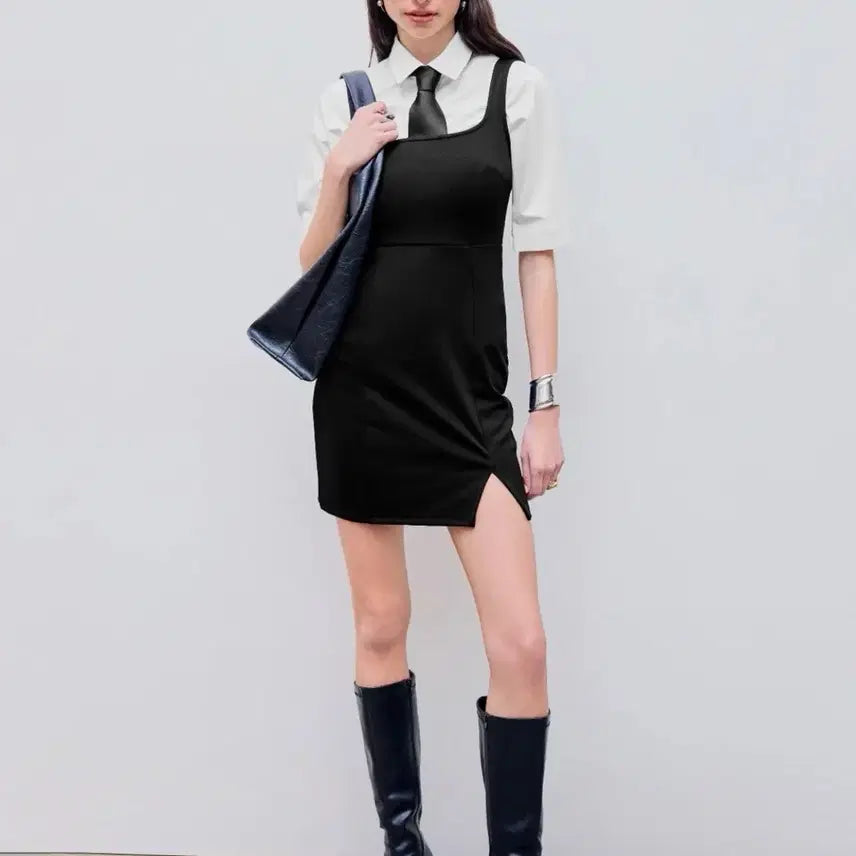 [BUNJANG] Black Square Neck Mini Dress / (새상품) 블랙 스퀘어넥 미니원피스 스판원피스