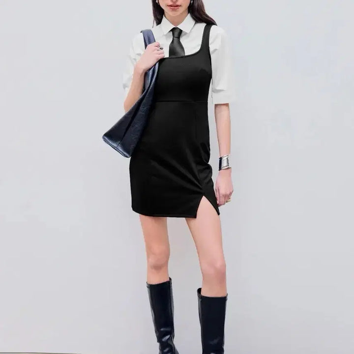 [BUNJANG] Black Square Neck Mini Dress / (새상품) 블랙 스퀘어넥 미니원피스 스판원피스