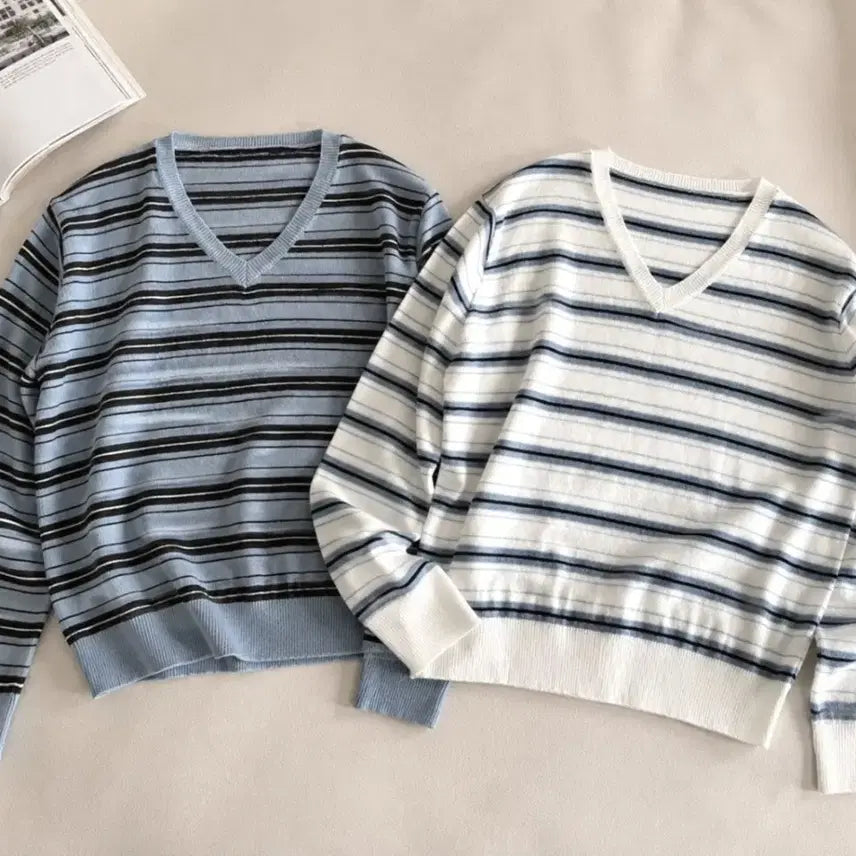 [BUNJANG] V-Neck Striped Knit / 브이넥 스트라이프 니트 색상택1
