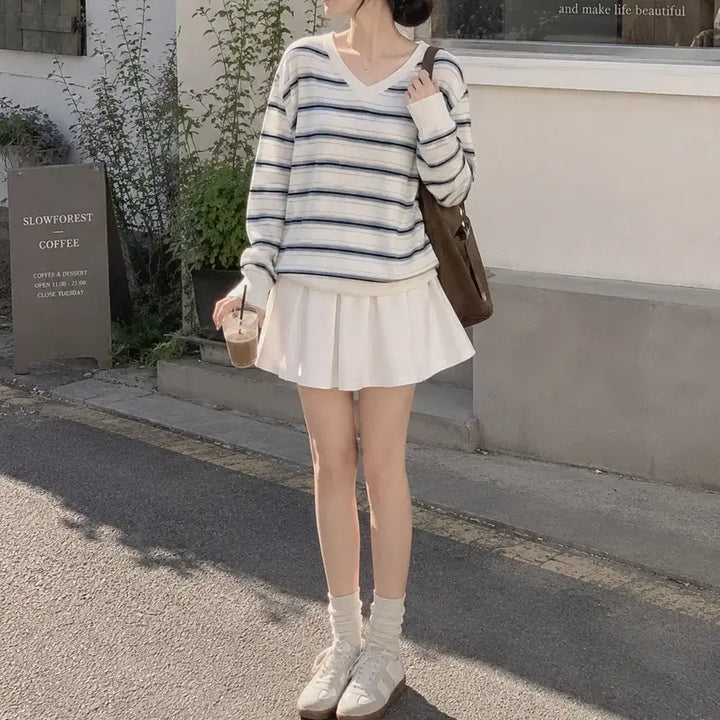 [BUNJANG] V-Neck Striped Knit / 브이넥 스트라이프 니트 색상택1