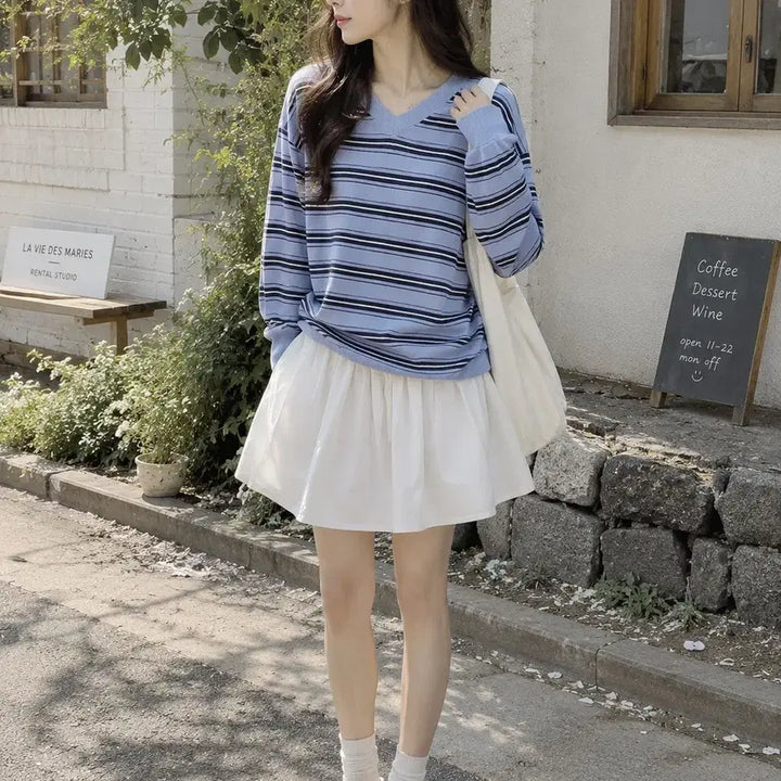[BUNJANG] V-Neck Striped Knit / 브이넥 스트라이프 니트 색상택1