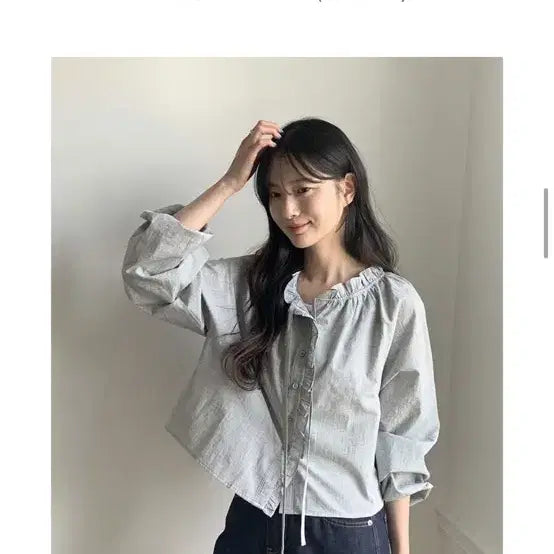 [BUNJANG] GANESRA Check Cropped Blouse Navy / 가내스라 에인트 체크 크롭 블라우스 네이비