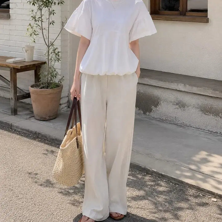 [BUNJANG] Balloon Color Block Blouse Top / 벌룬배색 블라우스 티 색상택1