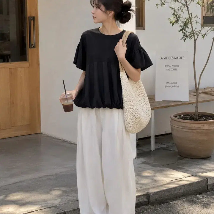 [BUNJANG] Balloon Color Block Blouse Top / 벌룬배색 블라우스 티 색상택1