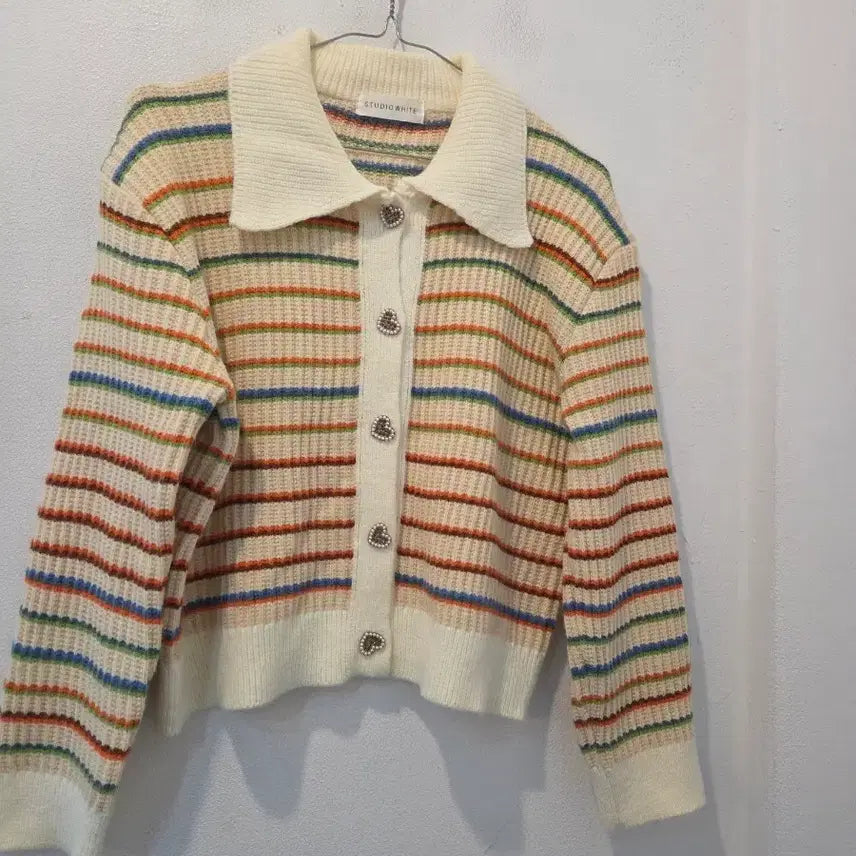[BUNJANG] Studio White Stripe Knit Cardigan / 스튜디오화이트 스트라이프 니트 가디건