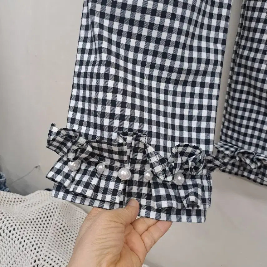 [BUNJANG] Checkered Cotton Pants Ribbon Detail / 첵크 팬츠27미사용