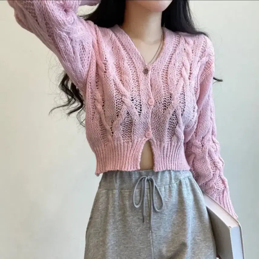 [BUNJANG] Avely Pink Cable Cropped Cardigan / 에이블리 핑크 꽈배기 크롭 가디건