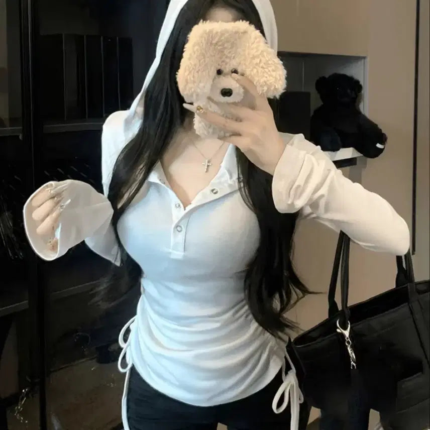 [BUNJANG] AUBRY Shirring Button See-Through T-Shirt / 에이블리 또또 단추 옆셔링 시스루티