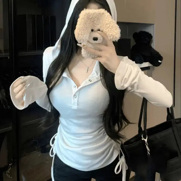 [BUNJANG] AUBRY Shirring Button See-Through T-Shirt / 에이블리 또또 단추 옆셔링 시스루티