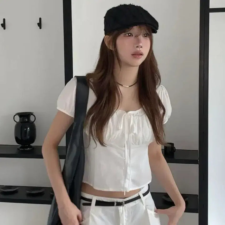 [BUNJANG] Shirring Puff Short Sleeve Blouse / 셔링 퍼프 반팔 블라우스