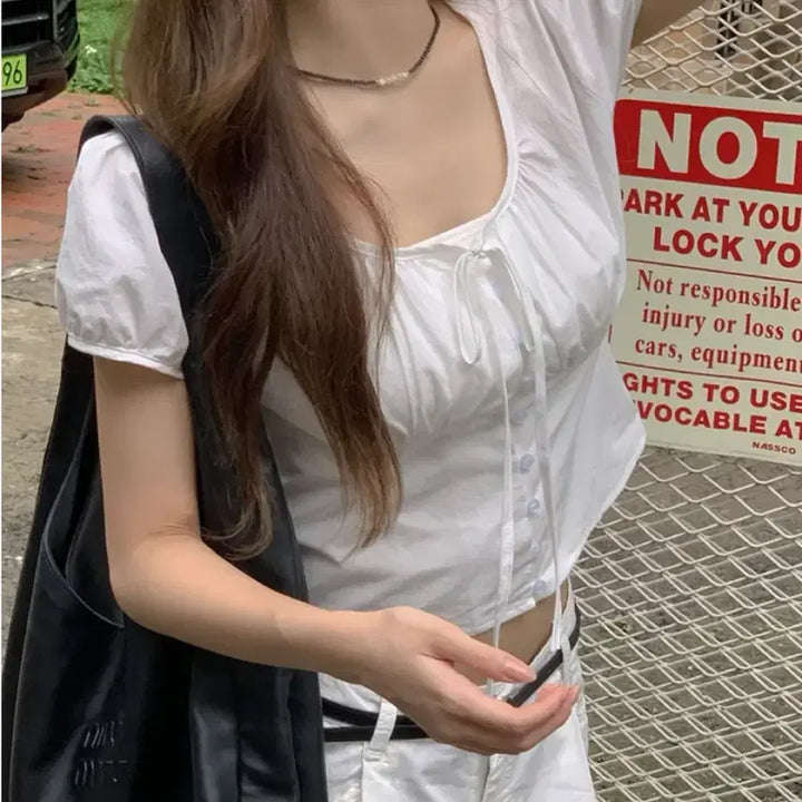 [BUNJANG] Shirring Puff Short Sleeve Blouse / 셔링 퍼프 반팔 블라우스
