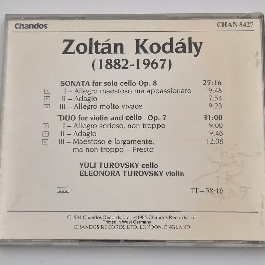 [BUNJANG] Zoltán Kodály Cello Sonata Chandos West Germany CD / Kodaly 첼로 소나타 Chandos 서독반 클래식 CD 코다이