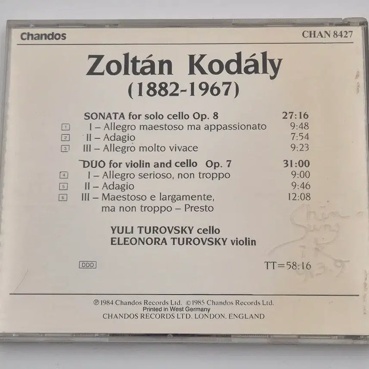 [BUNJANG] Zoltán Kodály Cello Sonata Chandos West Germany CD / Kodaly 첼로 소나타 Chandos 서독반 클래식 CD 코다이