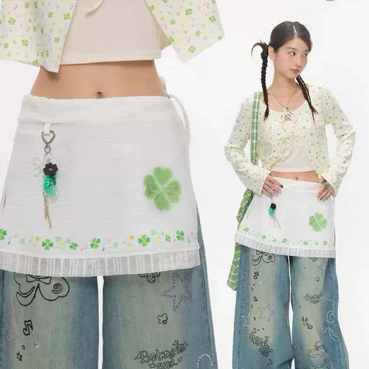 [BUNJANG] Subculture Green Clover Daily Over Skirt / 서브컬처 그린 클로버 데일리 오버 스커트