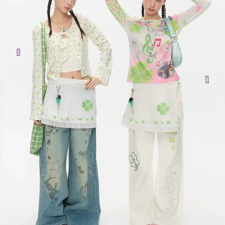 [BUNJANG] Subculture Green Clover Daily Over Skirt / 서브컬처 그린 클로버 데일리 오버 스커트