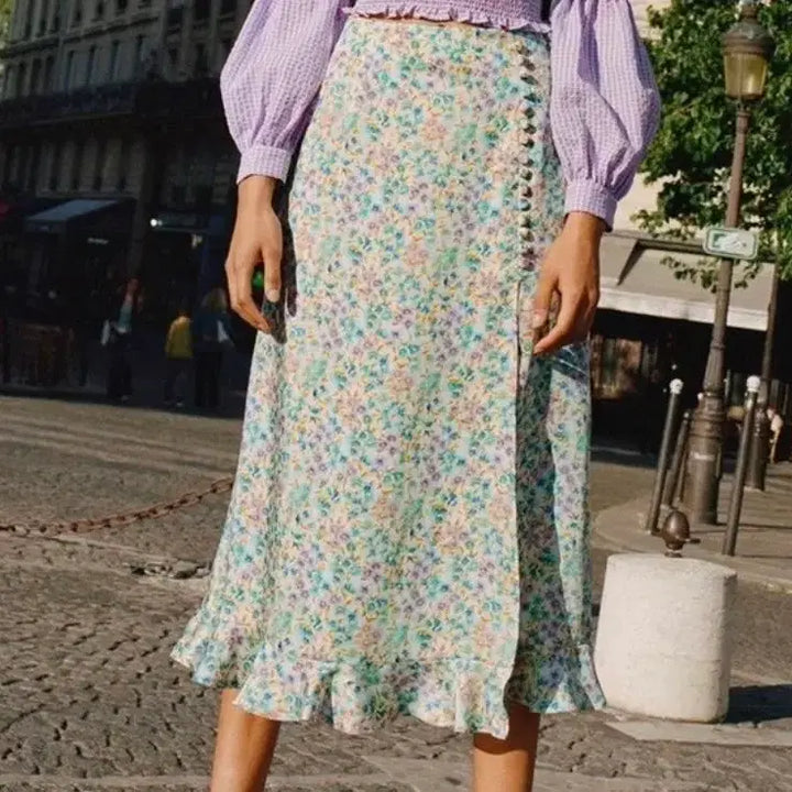 [BUNJANG] Zara Floral Pattern Satin Long Skirt with Slit - Size S / 자라 플라워 패턴 새틴 롱스커트 슬릿 스커트 S사이즈
