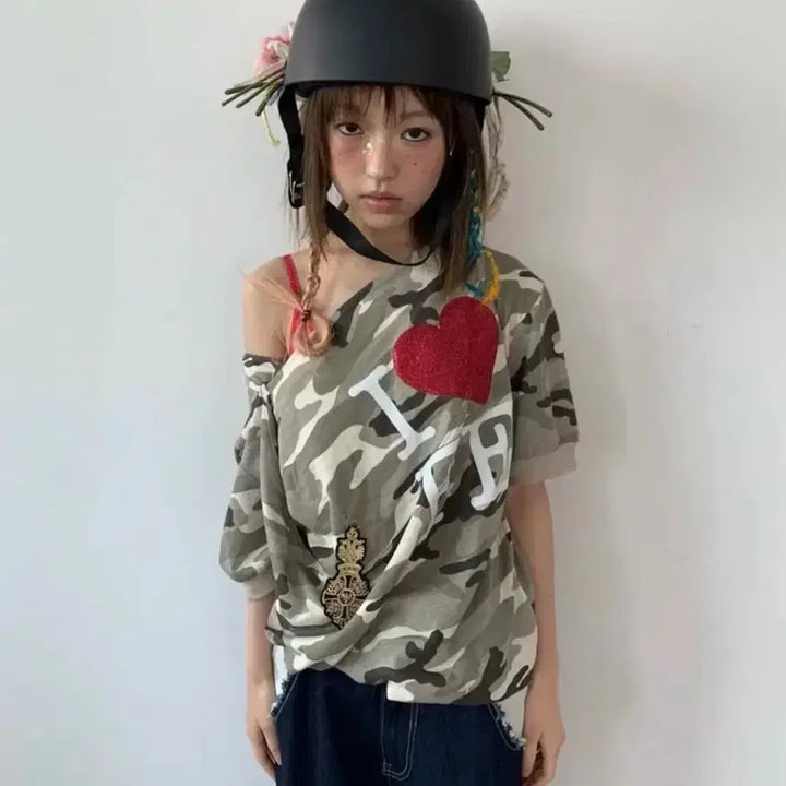 [BUNJANG] Shopfairy Cowl Neck Button Short Sleeve T-Shirt Camo / 샵페어리 카울 넥 버튼 반팔 티셔츠 카모