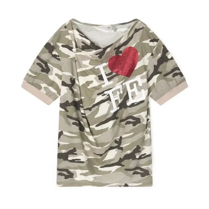 [BUNJANG] Shopfairy Cowl Neck Button Short Sleeve T-Shirt Camo / 샵페어리 카울 넥 버튼 반팔 티셔츠 카모