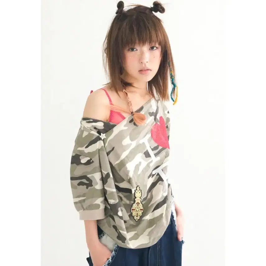 [BUNJANG] Shopfairy Cowl Neck Button Short Sleeve T-Shirt Camo / 샵페어리 카울 넥 버튼 반팔 티셔츠 카모