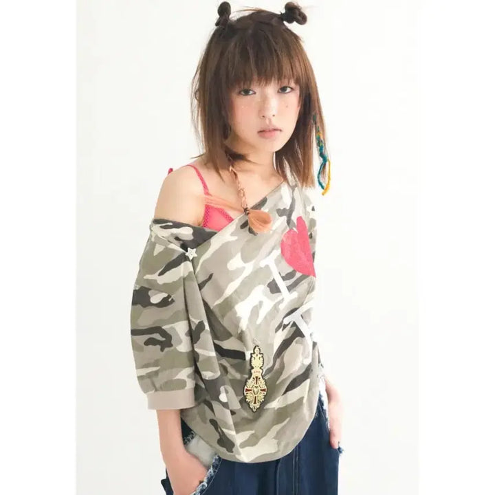 [BUNJANG] Shopfairy Cowl Neck Button Short Sleeve T-Shirt Camo / 샵페어리 카울 넥 버튼 반팔 티셔츠 카모